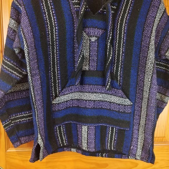 Molina Baja Mexican Blanket Hoodie Blue Purple Small Drug Rug - Picture 3 of 6